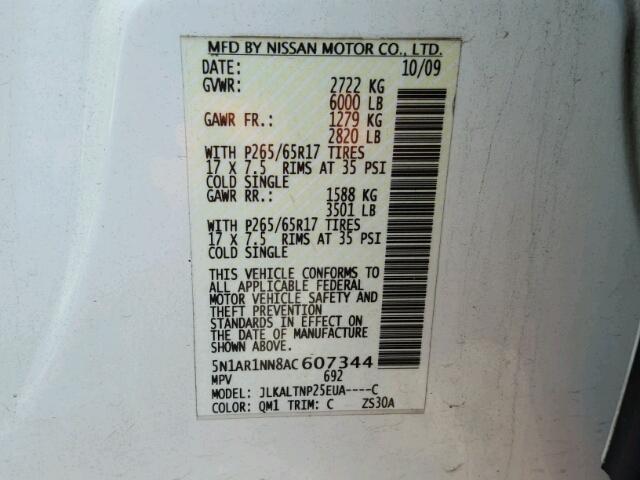 5N1AR1NN8AC607344 - 2010 NISSAN PATHFINDER WHITE photo 10