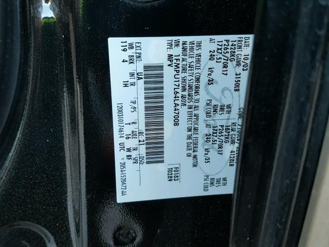 1FMPU17L64LA47008 - 2004 FORD EXPEDITION BLACK photo 10