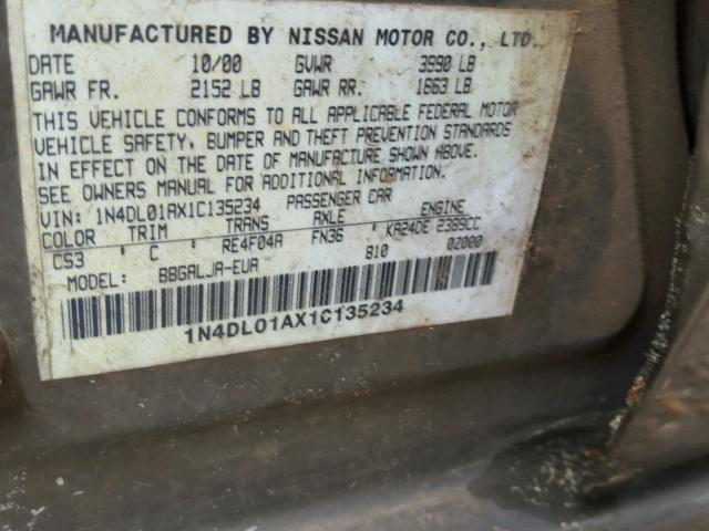 1N4DL01AX1C135234 - 2001 NISSAN ALTIMA GXE BROWN photo 10