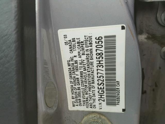 2HGES25773H587056 - 2003 HONDA CIVIC EX SILVER photo 10