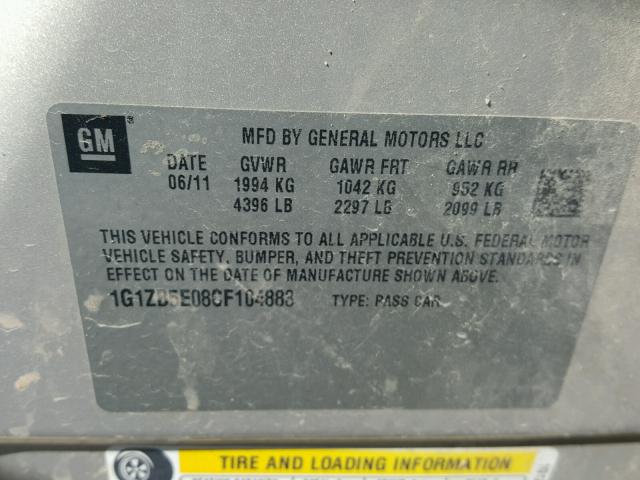 1G1ZB5E08CF104883 - 2012 CHEVROLET MALIBU LS ოქროსფერი ფოტო 10