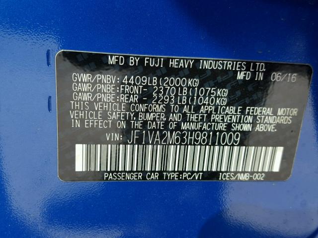 JF1VA2M63H9811009 - 2017 SUBARU WRX STI BLUE photo 10