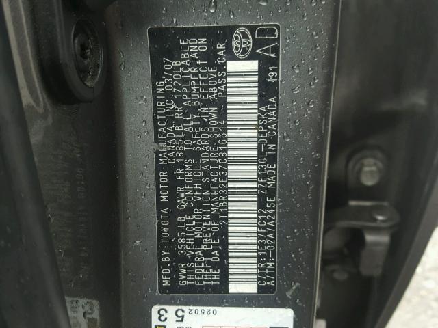 2T1BR32E37C816614 - 2007 TOYOTA COROLLA CE GRAY photo 10