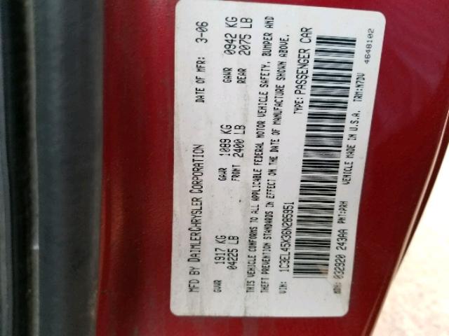 1C3EL45X36N285951 - 2006 CHRYSLER SEBRING RED photo 10