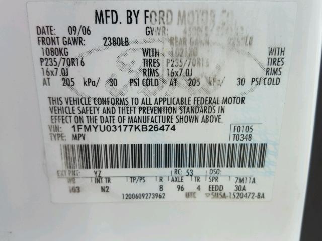 1FMYU03165DA25086 - 2005 FORD ESCAPE XLT WHITE photo 10