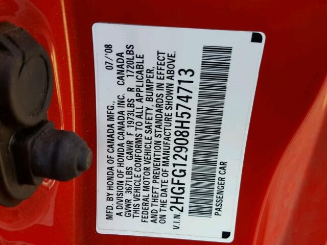 2HGFG1Z908H574713 - 2008 HONDA CIVIC EXL 红色 照片 10