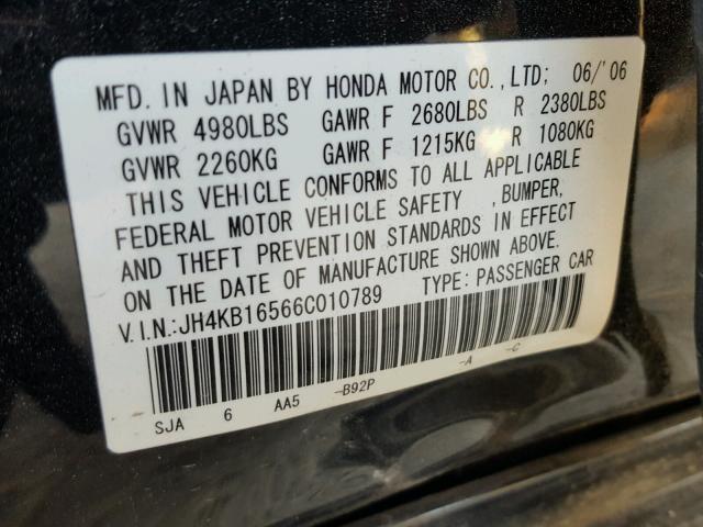 JH4KB16566C010789 - 2006 ACURA RL BLACK photo 10