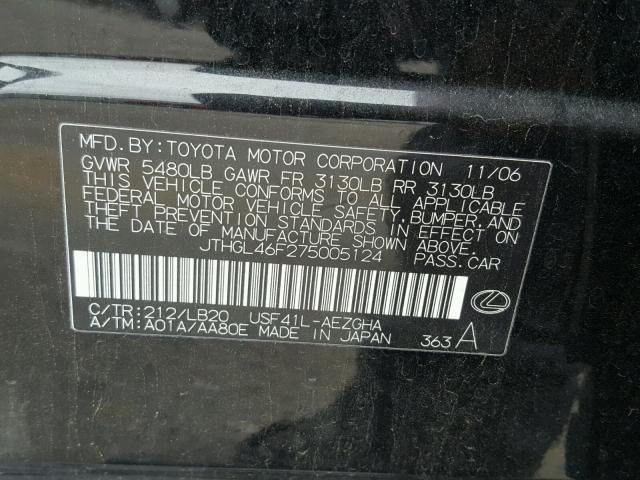 JTHGL46F275005124 - 2007 LEXUS LS 460L BLACK photo 10