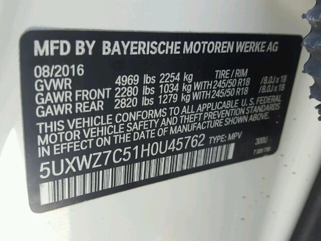 5UXWZ7C51H0U45762 - 2017 BMW X3 SDRIVE2 WHITE photo 10