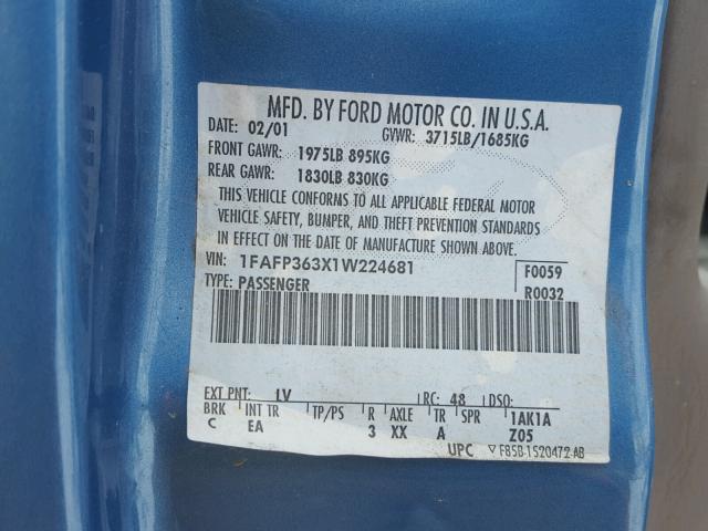 1FAFP363X1W224681 - 2001 FORD FOCUS SE BLUE photo 10