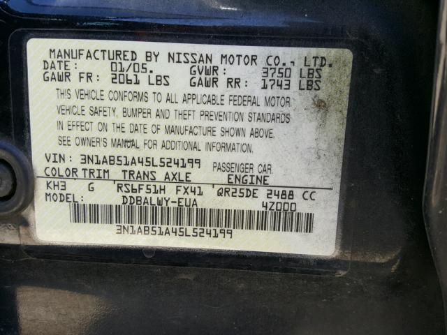 3N1AB51A45L524199 - 2005 NISSAN SENTRA SE- BLACK photo 10