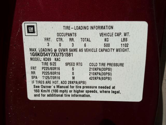 1G6KD54Y7XU751581 - 1999 CADILLAC DEVILLE MAROON photo 10