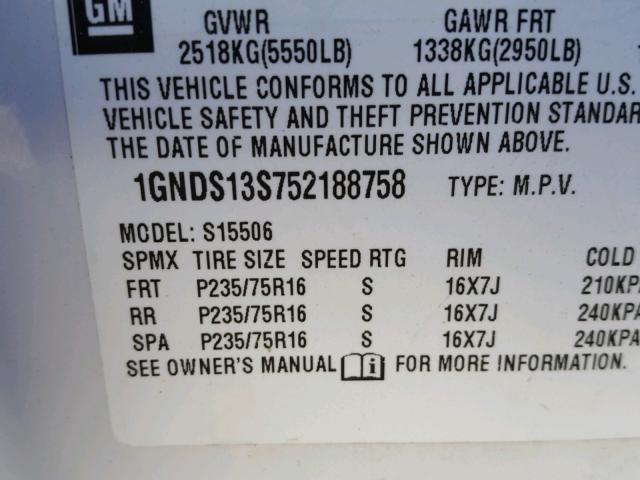 1GNDS13S752188758 - 2005 CHEVROLET TRAILBLAZE WHITE photo 10