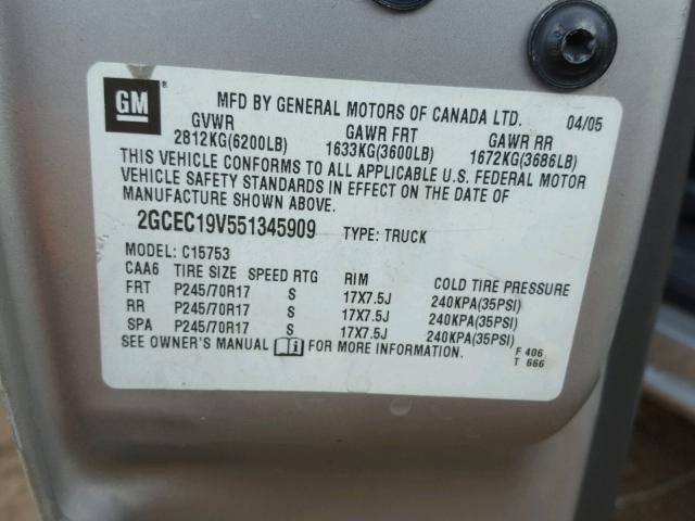 2GCEC19V551345909 - 2005 CHEVROLET SILVERADO SILVER photo 10