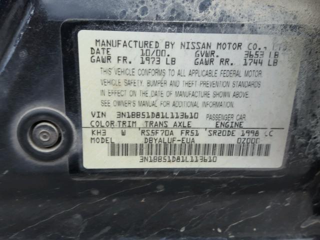 3N1BB51D81L113610 - 2001 NISSAN SENTRA SE BLACK photo 10