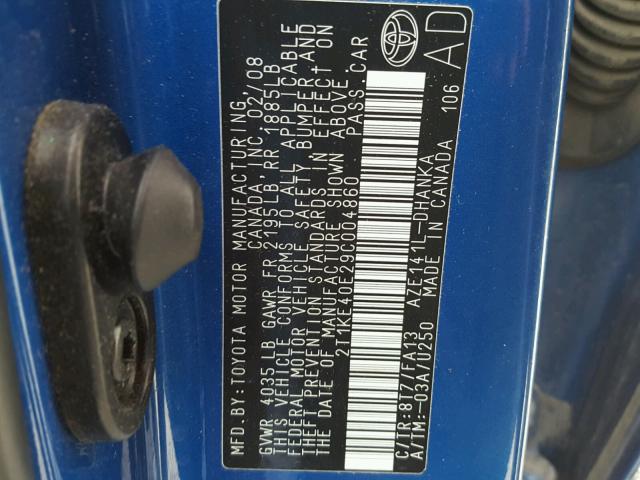 2T1KE40E29C004860 - 2009 TOYOTA COROLLA MA BLUE photo 10