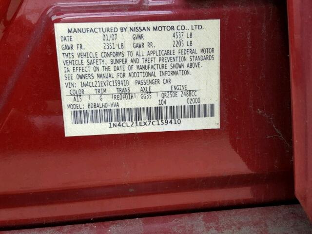 1N4CL21EX7C159410 - 2007 NISSAN ALTIMA HYB RED photo 10