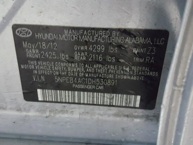 5NPEB4AC1DH530891 - 2013 HYUNDAI SONATA GLS SILVER photo 10