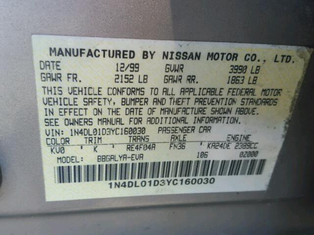 1N4DL01D3YC160030 - 2000 NISSAN ALTIMA XE TAN photo 10