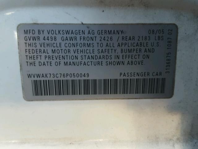 WVWAK73C76P050049 - 2006 VOLKSWAGEN PASSAT 2.0 WHITE photo 10