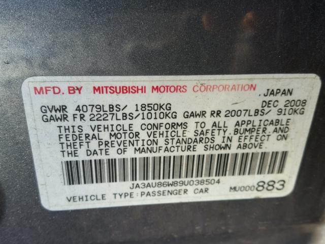 JA3AU86W89U038504 - 2009 MITSUBISHI LANCER GTS GRAY photo 10