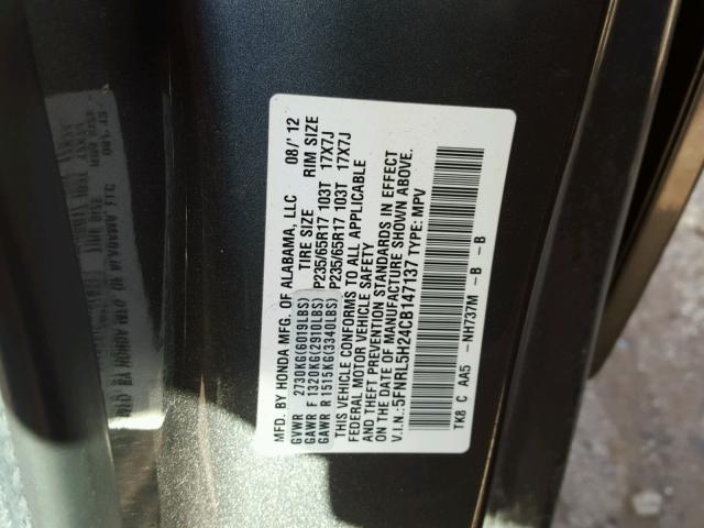 5FNRL5H24CB147137 - 2012 HONDA ODYSSEY LX GRAY photo 10