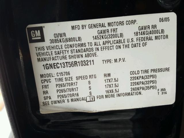 1GNEC13T56R103211 - 2006 CHEVROLET TAHOE C150 BLACK photo 10