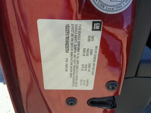 1G2ZF57B584220754 - 2008 PONTIAC G6 VALUE L RED photo 10