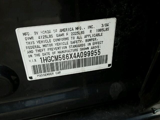 1HGCM566X4A099955 - 2004 HONDA ACCORD EX BLACK photo 10