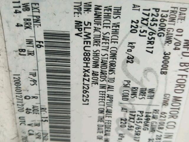 5LMEU88HX4ZJ26251 - 2004 LINCOLN AVIATOR 白色 照片 10