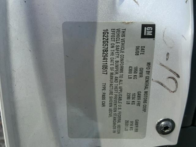 1G2ZG57B294110517 - 2009 PONTIAC G6 SILVER photo 10