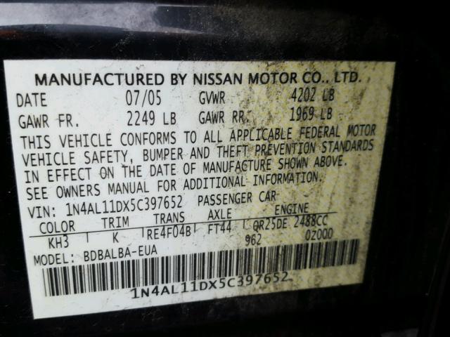 1N4AL11DX5C397652 - 2005 NISSAN ALTIMA S BLACK photo 10