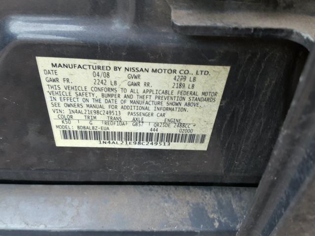 1N4AL21E98C249513 - 2008 NISSAN ALTIMA 2.5 CHARCOAL photo 10