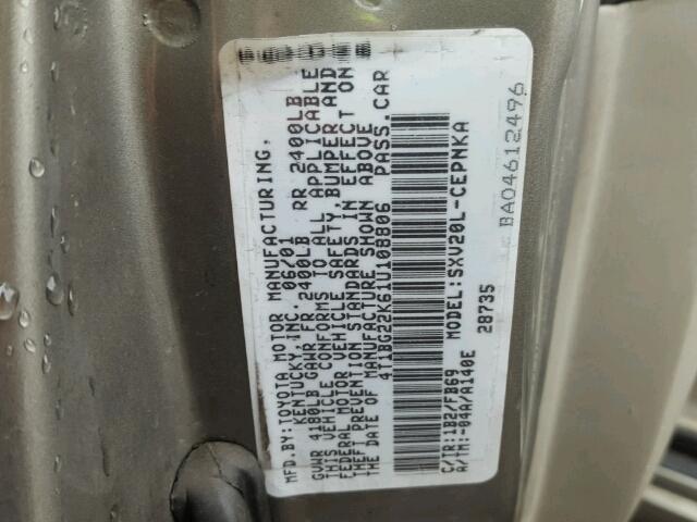 4T1BG22K61U108806 - 2001 TOYOTA CAMRY CE/L TAN photo 10