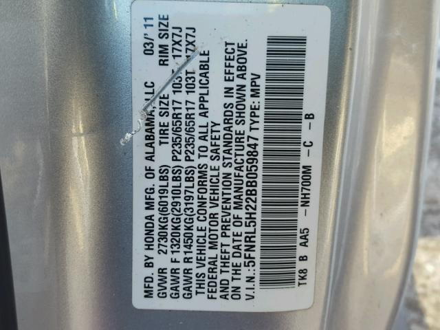 5FNRL5H22BB059847 - 2011 HONDA ODYSSEY LX SILVER photo 10