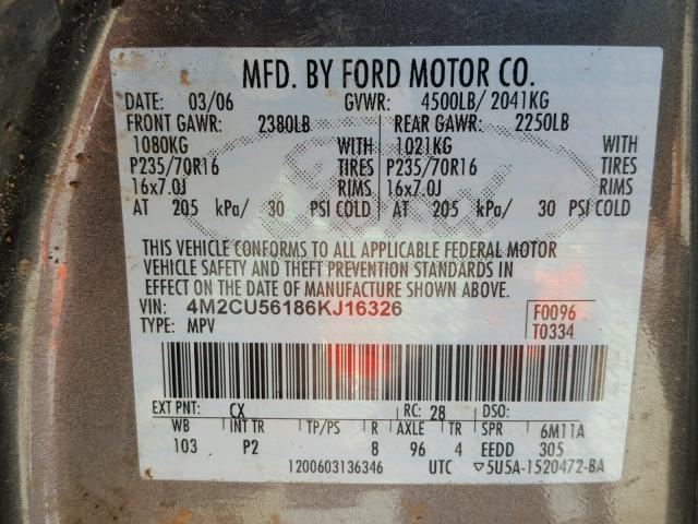 4M2CU56186KJ16326 - 2006 MERCURY MARINER GRAY photo 10