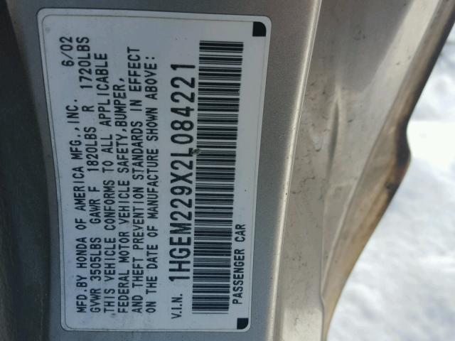 1HGEM229X2L084221 - 2002 HONDA CIVIC EX SILVER photo 10