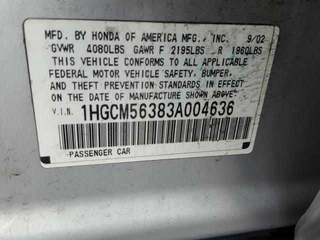 1HGCM56383A004636 - 2003 HONDA ACCORD LX SILVER photo 10