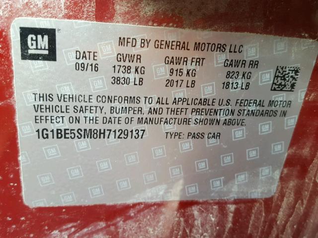 1G1BE5SM8H7129137 - 2017 CHEVROLET CRUZE LT RED photo 10