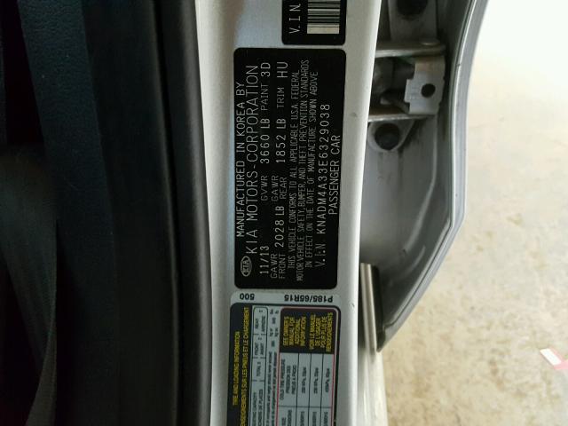 KNADM4A33E6329038 - 2014 KIA RIO LX SILVER photo 10