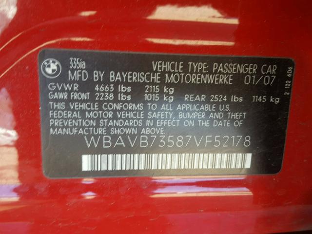 WBAVB73587VF52178 - 2007 BMW 335 I RED photo 10