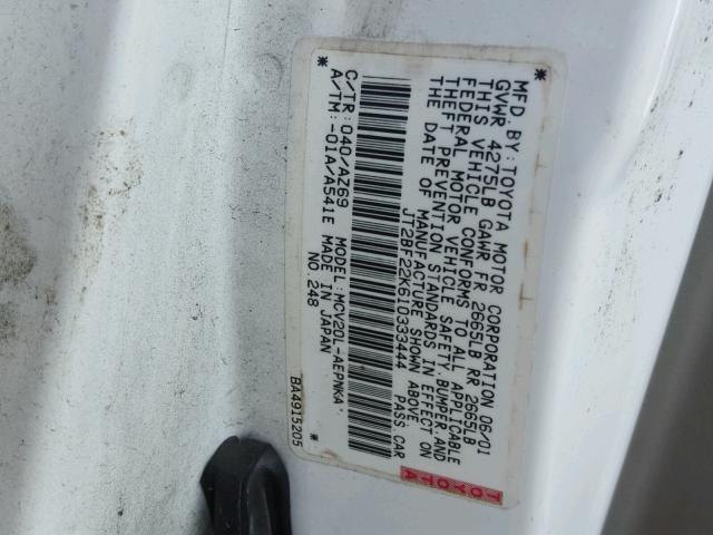 JT2BF22K610333444 - 2001 TOYOTA CAMRY CE WHITE photo 10