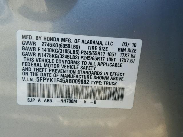 5FPYK1F45AB009882 - 2010 HONDA RIDGELINE SILVER photo 10