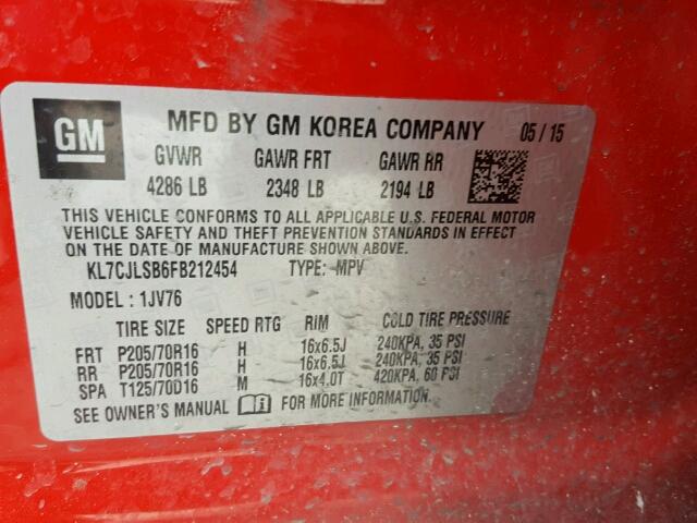 KL7CJLSB6FB212454 - 2015 CHEVROLET TRAX 1LT RED photo 10