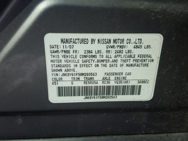 JNKBV61F58M260543 - 2008 INFINITI G35 GRAY photo 10