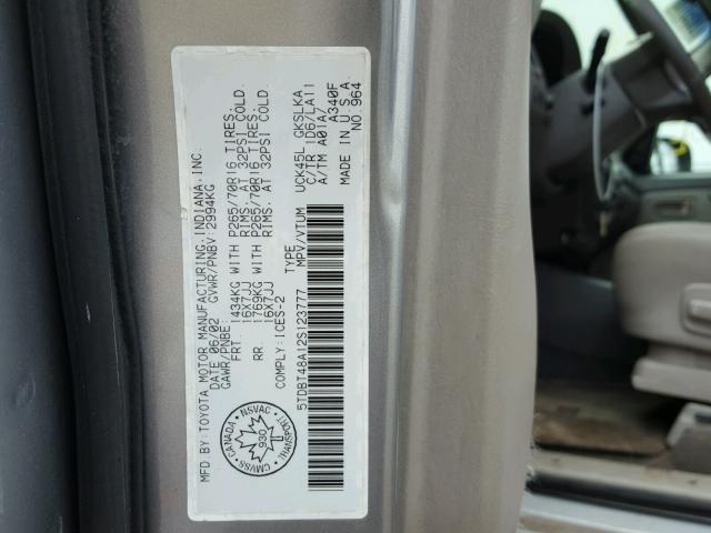 5TDBT48A12S123777 - 2002 TOYOTA SEQUOIA LI SILVER photo 10