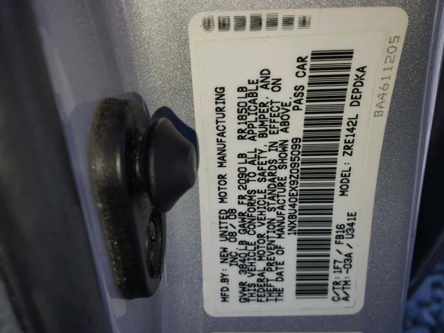 1NXBU40EX9Z095099 - 2009 TOYOTA COROLLA BA SILVER photo 10