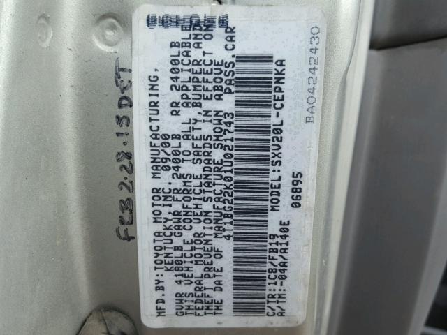 4T1BG22K01U021743 - 2001 TOYOTA CAMRY CE SILVER photo 10