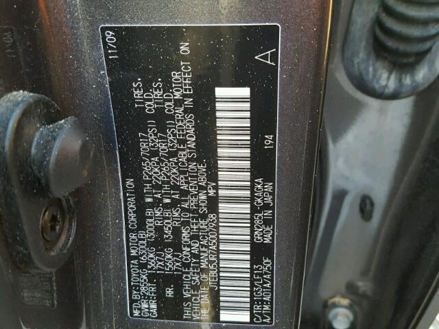 JTEBU5JR7A5007938 - 2010 TOYOTA 4RUNNER SR GRAY photo 10