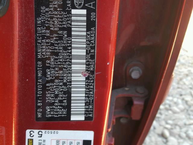 2T1BR32E77C744140 - 2007 TOYOTA COROLLA RED photo 10